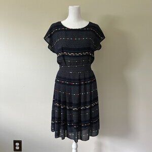 Vintage Navy Blue Polka Dot & Chevron Pattern Dress With Cap Sleeves & Tie Back